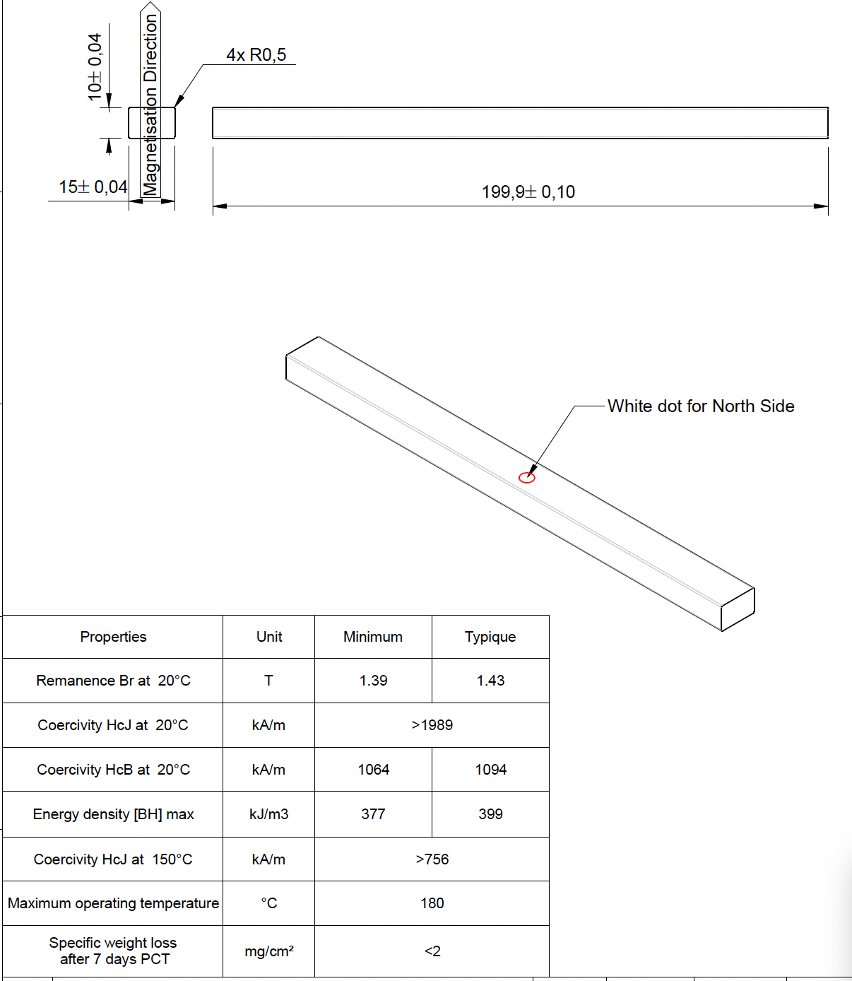 Dimensioned drawing of the rectangular permanent magnet, 199.9 by 15 by 10 millimetres